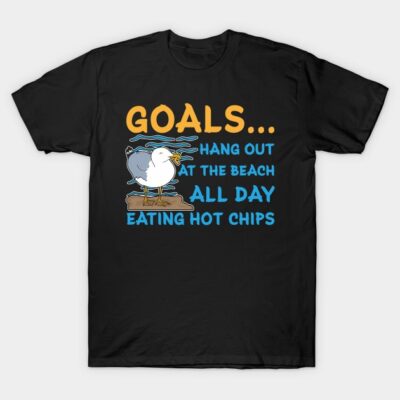 Black t-shirt with seagull graphic and text "Goals: Hang out at the beach all day eating hot chips," casual beachwear.