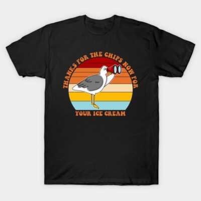 Black t-shirt with retro seagull graphic and humorous text, ideal for casual wear.