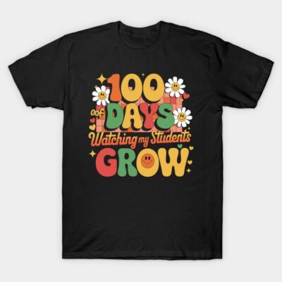 Black t-shirt with colorful "100 Days of Watching My Students Grow" graphic, ideal for teachers, soft cotton material.