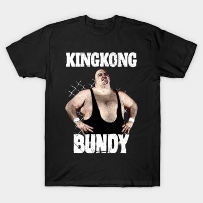 Black King Kong Bundy graphic t-shirt, cotton material, casual wear, crew neck, short sleeve, bold design.