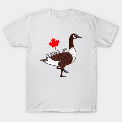 White t-shirt with "Elbows Up" Canada goose graphic, red maple leaf, casual wear, cotton material.