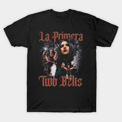Black "La Primera Two Belts" graphic T-shirt featuring dynamic illustrations, ideal for casual wear.