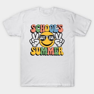 White "School's Out for Summer" T-shirt with colorful text and sun graphic, casual wear, cotton material.