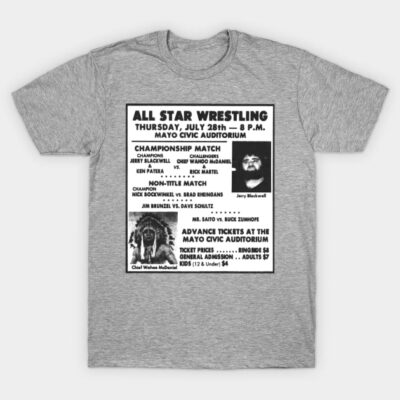 Gray wrestling event graphic tee, vintage style, short sleeve, soft cotton, casual wear.