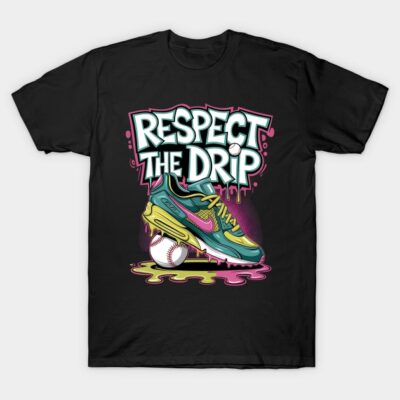 Black t-shirt with colorful sneaker graphic and "Respect the Drip" text, casual cotton streetwear.