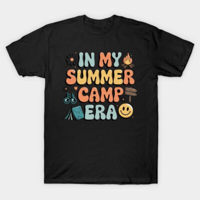 Black t-shirt with colorful "In My Summer Camp Era" text, casual style, perfect for outdoor activities and summer fun.