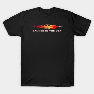 Black t-shirt with "Banned in the USA" graphic and flame design, casual wear, cotton material.