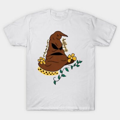 White t-shirt with brown sorting hat graphic, yellow flowers, and text design. Casual unisex cotton tee.