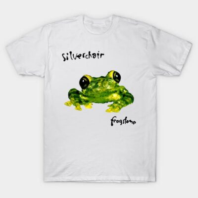 White t-shirt with green frog graphic and stylized text, casual cotton wear for everyday comfort.