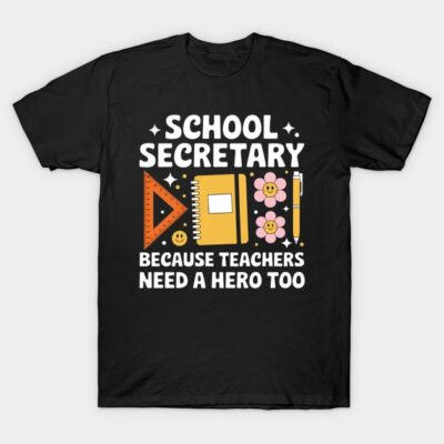 Black "School Secretary" t-shirt with playful design, ideal for casual wear, made from soft cotton for comfort.