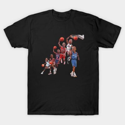 Black cotton t-shirt featuring dynamic basketball player graphics, ideal for sports enthusiasts and casual wear.