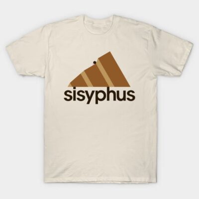Cream cotton t-shirt with "Sisyphus" graphic print, casual style, ideal for everyday wear.
