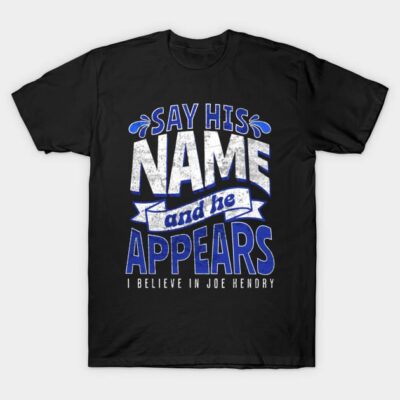 Black graphic t-shirt with white and blue text, casual wear, cotton fabric, ideal for everyday style.