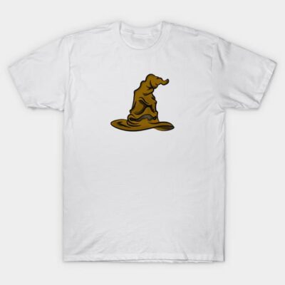 White cotton t-shirt featuring a brown wizard hat graphic in the center, perfect for casual wear.