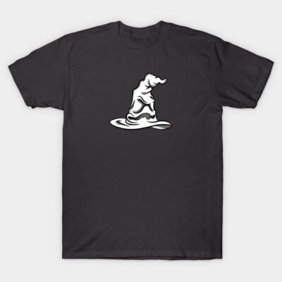 Black t-shirt featuring a white wizard hat graphic, casual style, suitable for everyday wear, made of cotton blend.