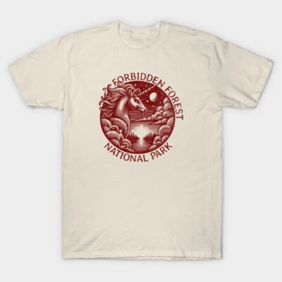 Beige t-shirt with red "Forbidden Forest National Park" design, featuring a mystical unicorn and forest scene.