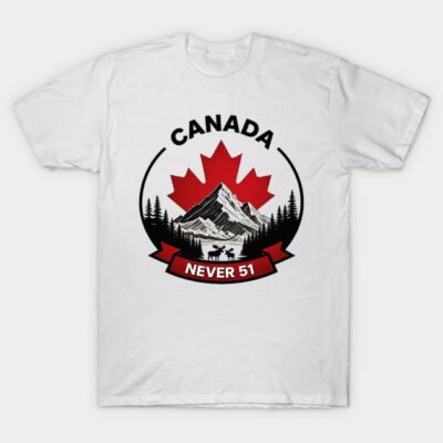 White T-shirt with Canada maple leaf design, mountain and wildlife print, casual style, cotton material.