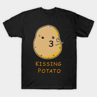 Black t-shirt with cute kissing potato graphic and text, casual style, novelty gift, cotton material.
