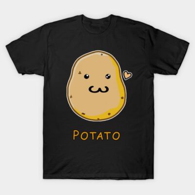 Black t-shirt with cute cartoon potato graphic and text. Casual style, perfect for everyday wear, made of soft cotton.