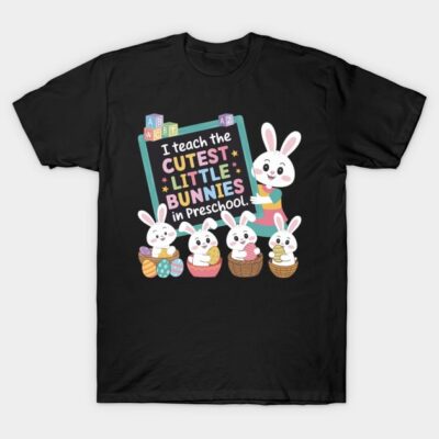 Black preschool teacher t-shirt featuring colorful bunny and basket design, perfect for educators and casual wear.