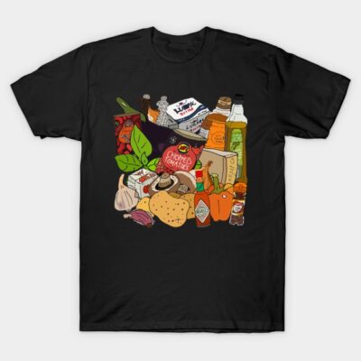 Black cotton T-shirt featuring colorful illustrated food items, casual style, ideal for everyday wear.