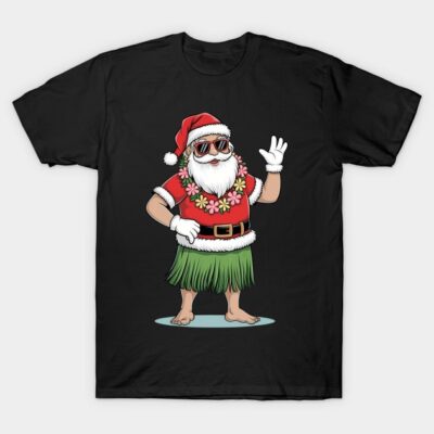 Black t-shirt with festive Santa design, featuring a Hawaiian theme. Perfect for holiday parties and casual wear.