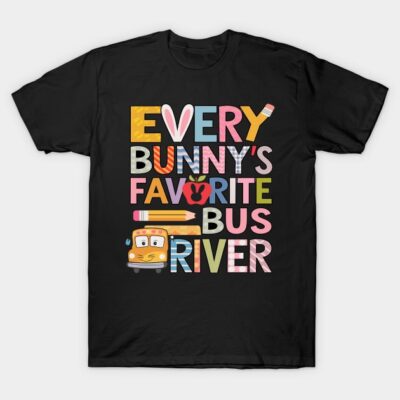 "Black T-shirt with colorful 'Every Bunny's Favorite Bus Driver' graphic, casual wear, cotton blend, unisex design"