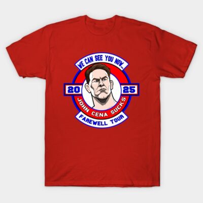Red graphic t-shirt with bold print, featuring farewell tour theme, casual wear, cotton material.