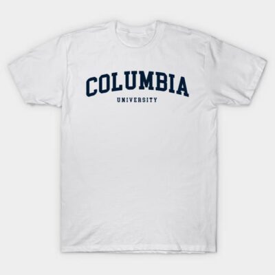 White cotton t-shirt with "Columbia University" text, casual style, perfect for everyday wear or university events.