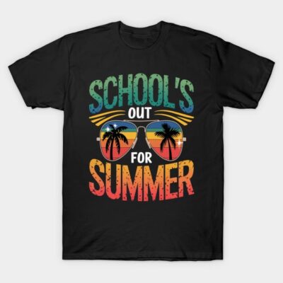 Black t-shirt with "School's Out for Summer" graphic, featuring colorful text and palm tree sunglasses design.
