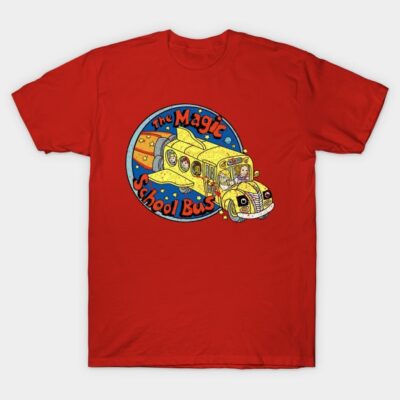 Red t-shirt featuring colorful cartoon bus graphic, casual wear, cotton material, perfect for fans of animated designs.