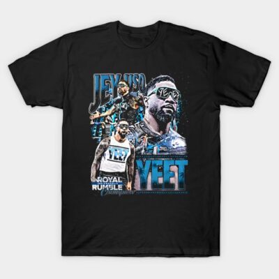 Black graphic t-shirt with bold blue text and dynamic images, ideal for casual wear and fans of wrestling events.