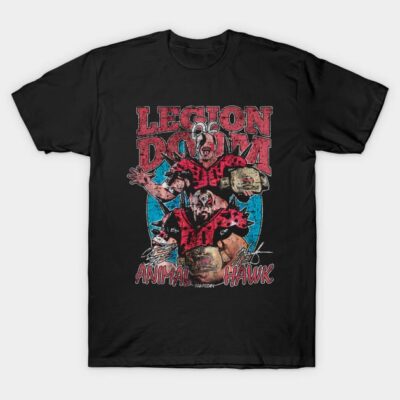 Black graphic t-shirt featuring vintage wrestling design with bold red and blue accents, ideal for casual wear.