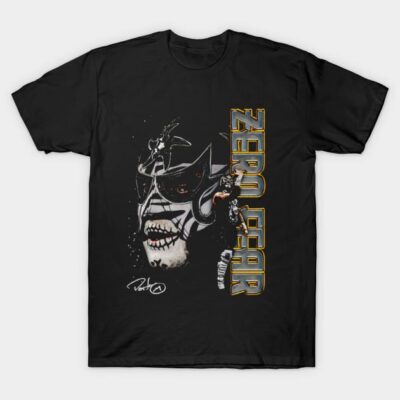 Black t-shirt featuring "Zero Fear" graphic design, bold style, casual wear, cotton material.