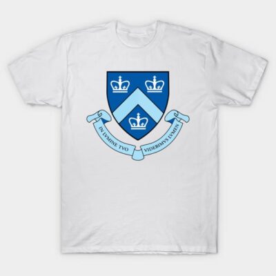 White t-shirt with blue crest design, featuring crowns and banner, 100% cotton, casual wear, unisex.
