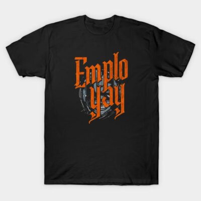 Black T-shirt with "Emplojay" design in orange gothic font, casual style for everyday wear, 100% cotton material.