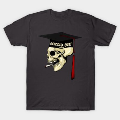 Black graphic t-shirt featuring a skull with graduation cap and "School's Out Forever" text, casual style.