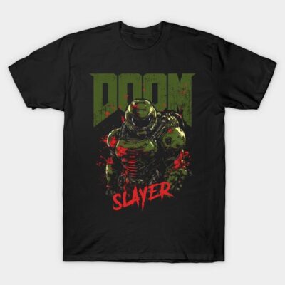 Black "Doom Slayer" graphic t-shirt featuring green and red design, perfect for gaming enthusiasts. Cotton material.