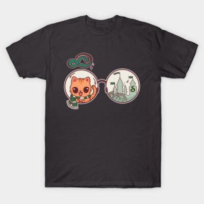 Black graphic t-shirt featuring a cute cat and castle design, casual style, perfect for everyday wear.