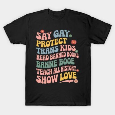 Black t-shirt with colorful inspirational text design promoting inclusivity and education. Ideal for casual wear.