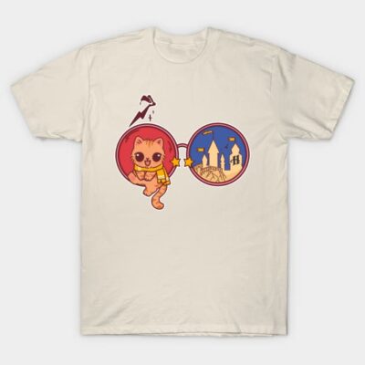 Cream t-shirt featuring a cute astronaut cat graphic with colorful space and castle design, perfect for casual wear.