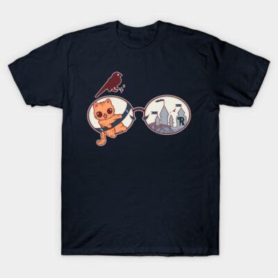 Navy blue t-shirt featuring whimsical cat and castle graphic, perfect for casual wear and cat lovers.