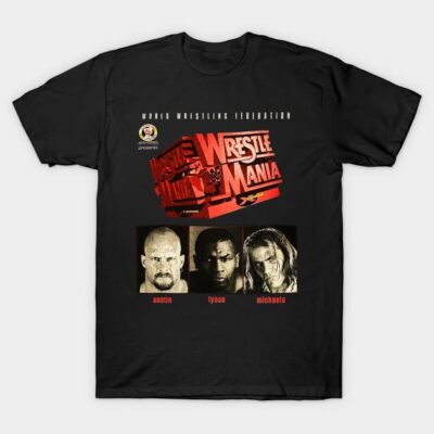 Black WrestleMania graphic t-shirt, featuring bold red logo and vintage style portraits, ideal for wrestling fans.