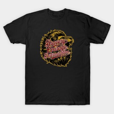 Black T-shirt featuring a lion graphic with "Bravery, Courage, Determination" text, casual style, cotton fabric.
