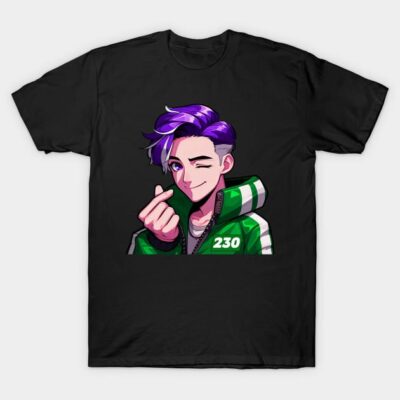 Black t-shirt featuring colorful anime character design with purple hair and green jacket, perfect for casual wear.
