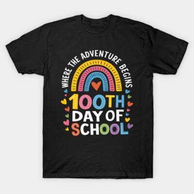 Black T-shirt with colorful "100th Day of School" rainbow design, perfect for school celebrations.