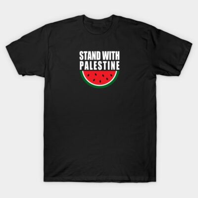 Black t-shirt with "Stand with Palestine" text and watermelon graphic, casual wear, cotton material.