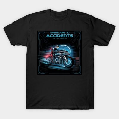 Black graphic tee featuring futuristic motorcycle design with neon accents, perfect for casual wear.