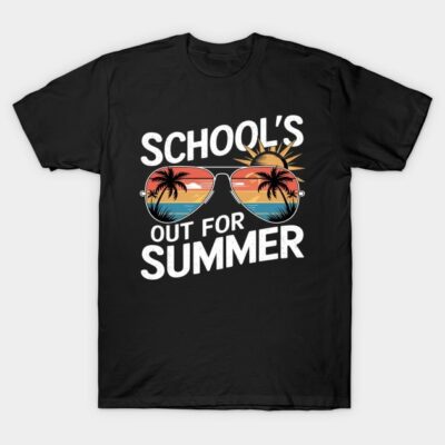 Black t-shirt with "School's Out For Summer" text, featuring colorful sunglasses and palm tree design, casual wear.