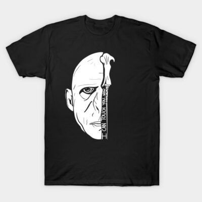 Black graphic t-shirt with abstract face and bone design, bold artistic style, made from soft cotton for casual wear.